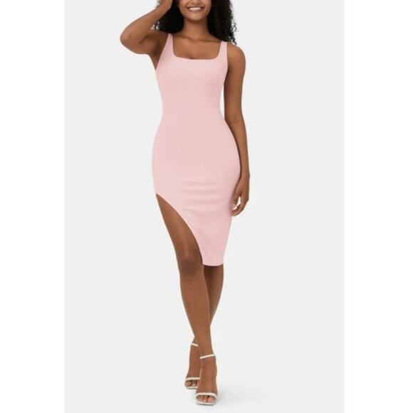 Halara Ribbed Knit Square Neck Split Hem Bodycon Midi Dress Pink Womens L NWT - Picture 3 of 8